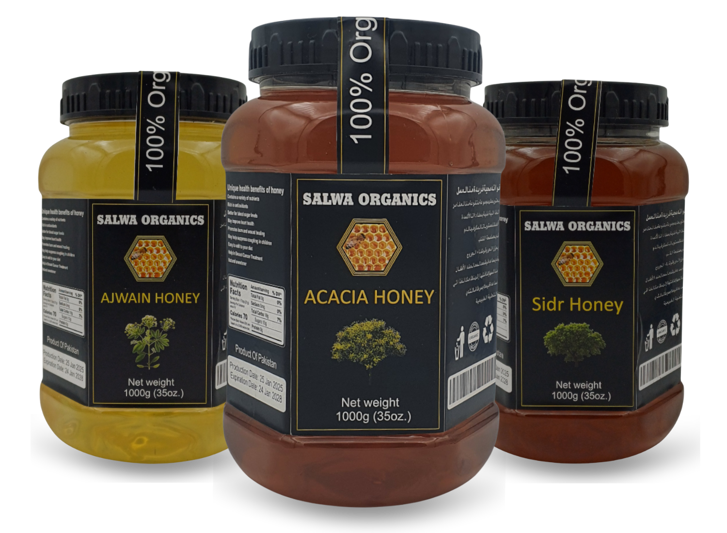 Salwa Organics premium organic honey jars – Acacia, Sidr and Ajwain honey